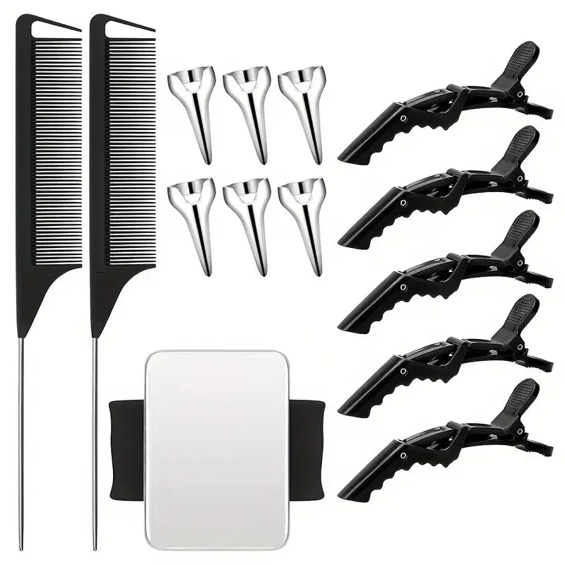 14pcs Hair Tool Set - Sectioning Rings, Metal Combs, Clips and Magnetic Wrist Pin Holder for Braiding (Black)